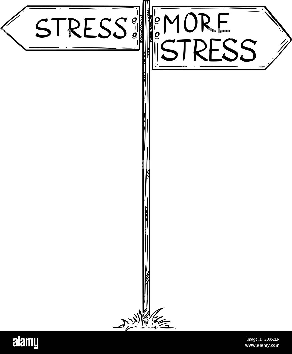 Vektorgrafik Cartoon Illustration von Stress oder mehr Stress zur Auswahl. Verkehrsschild mit nach links und rechts zeigenden Richtungspfeilen. Stock Vektor