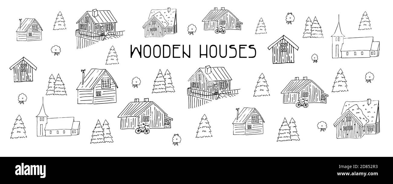Set von schwarzen und weißen Holz skandinavischen norwegischen Häusern für Malbuch Stock Vektor