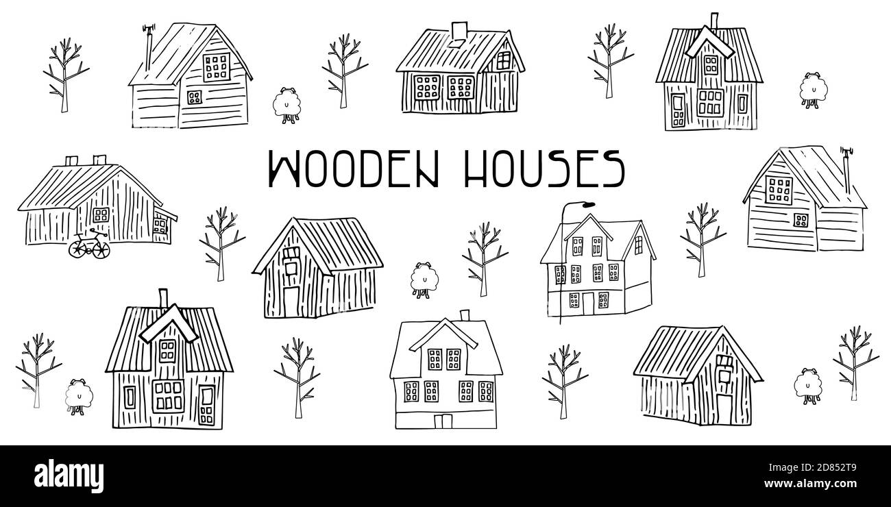 Set von schwarzen und weißen Holz skandinavischen norwegischen Häusern für Malbuch Stock Vektor