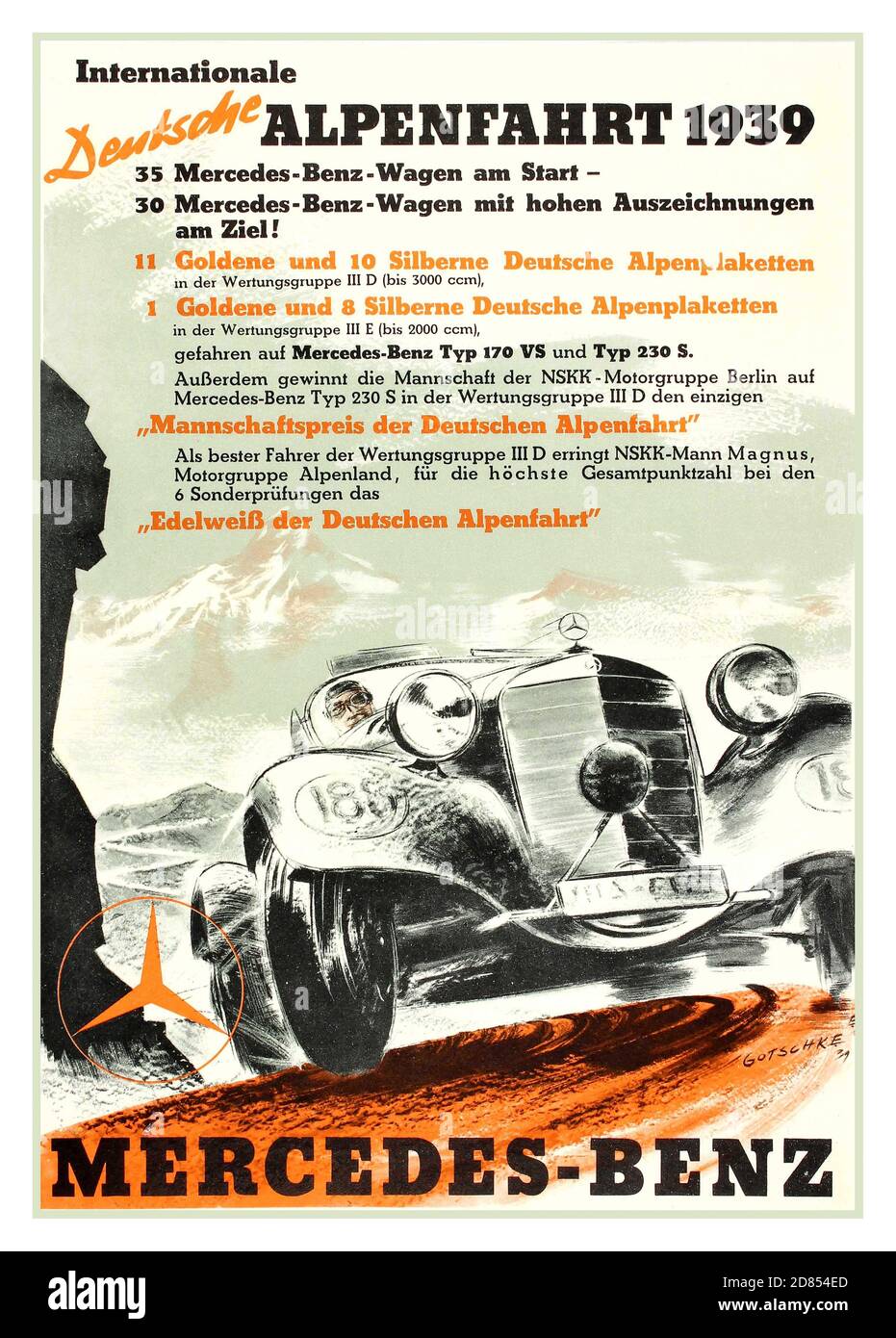 Mercedes Rallye Poster Internationale Deutsche Alpenfahrt 1939 - Mercedes Benz Rennsport Poster. Oldtimer-Motorsportplakat für Mercedes-Benz auf der Internationalen Deutschen Alpenfahrt 1939, einer deutschen Alpenrallye. Nach dem Vorbild der deutschen Prinz-Heinrich-Fahrt wurde die Alpenfahrt 1910 erstmals durchgeführt und ist damit älter als die Rallye Monte Carlo. Die Route über die Alpen galt als eine der härtesten Rallyes in Europa vor dem Ersten Weltkrieg.die Autos waren zu dieser Zeit unzuverlässig und Bergstraßen waren manchmal nur steile unsichere Wege. Stockfoto