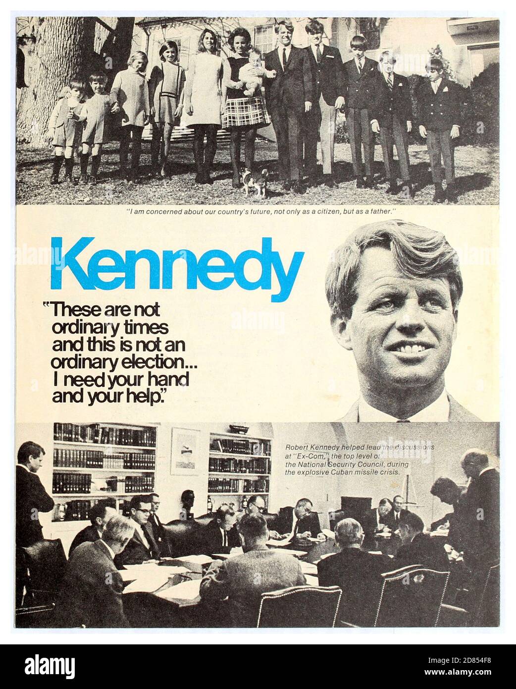Vintage 1960er Werbe Wahlkarte für Robert F. Kennedy Präsidentschaftswahlkampf. USA 1968 der Präsidentschaftswahlkampf von Robert F. Kennedy begann am 16. März 1968, als Robert Francis Kennedy (a. RFK, Bobby), ein Senator der Vereinigten Staaten aus New York, der 1964 einen Senatssitz gewonnen hatte, trat eine unwahrscheinliche Primärwahl als Herausforderer des amtierenden Präsidenten der Demokratischen Vereinigten Staaten Lyndon B. Johnson ein. Er hatte Fortschritte beim Aufbau demokratischer Unterstützung für seine Nominierung gemacht, als er am 5. Juni im Ambassador Hotel in Los Angeles, Kalifornien, ermordet wurde Stockfoto