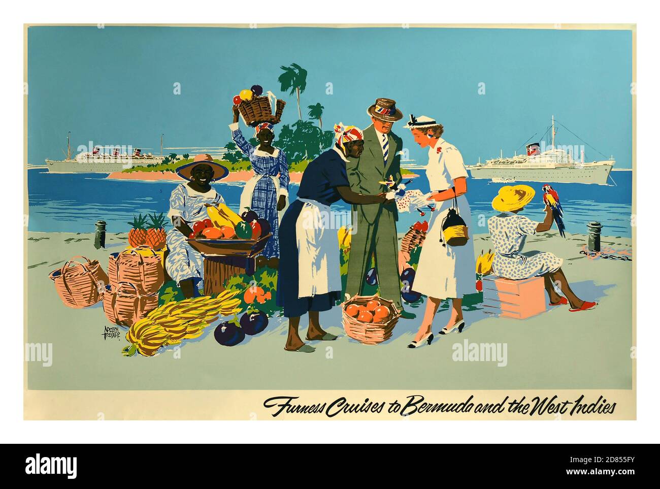 Vintage-Kreuzfahrtschiff-Reiseplakat der 1950er Jahre für Furness Cruises nach Bermuda und Westindien - Kunstwerke des berühmten amerikanischen Künstlers Adolph Treidler (1886–1981) zeigt ein elegant gekleidetes Touristenpaar, das auf einem Strandobstmarkt nach Körben mit Bananen, Ananas, Mangos und anderen Früchten einkauft. Eine Dame hält einen Papagei und schaut auf ein Kreuzfahrtschiff und eine kleine Wüsteninsel hinaus.die Furness Bermuda Line war eine britische Reederei, die im 20. Jahrhundert betrieben wurde. Horizontal. Großbritannien, Designer: Adolf Treidler, Druckjahr: 1959 Stockfoto