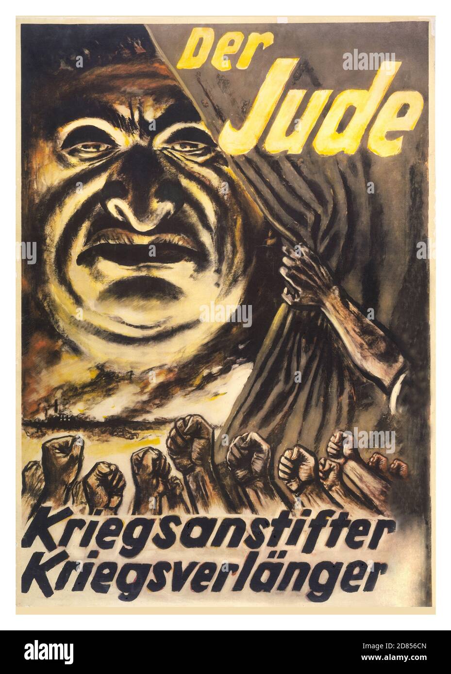Vintage World war II Propaganda Poster 'der Jude' 'Kriegstreiber' 'war Prolonger'. 1940er Jahre Deutsches antisemitisches antijüdisches Plakat. Eine theatralische Enthüllung eines fiesen Stereotyps Karikatur eines männlichen Juden mit Bildunterschriften KRIEGSTREIBER KRIEG PROLONGER seine Botschaft ist es, Juden zu beschuldigen, den 2. Weltkrieg zu beginnen und ihn zu verewigen. Kunstwerk von Hans Schweitzer, angefertigt unter seinem beliebten Pseudonym 'Majolnir' Stockfoto