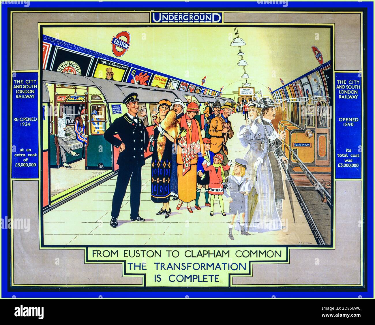 Vintage 1920er London Underground Poster 'From Euston to Clapham Common: The Transformation is Complete' Richard T Cooper., 1884-1957, Künstler London : Johnson, Riddle & Co. Ltd., 1924. (Poster) : Lithographie, Farbe Werbeplakat für U-Bahn-Transport zeigt Passagiere auf einer U-Bahn-Plattform; eine Seite hat Menschen mit Kleidung modern auf dem Plakat und die andere Seite hat Menschen aus der Zeit der U-Bahn-Eröffnung im Jahr 1890. Stockfoto