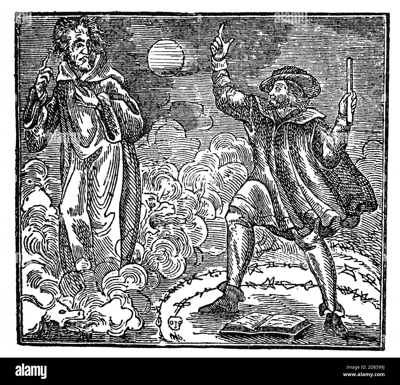 Eine Illustration aus dem 19. Jahrhundert von Faust, alias Doktor Faustus, einem deutschen Totenbeschwörer oder Astrologen und Helden einer der dauerhaftesten Legenden der westlichen Folklore und Literatur, der den Teufel aufwirft, bevor er seine Seele im Austausch für Wissen und Macht verkauft. Stockfoto