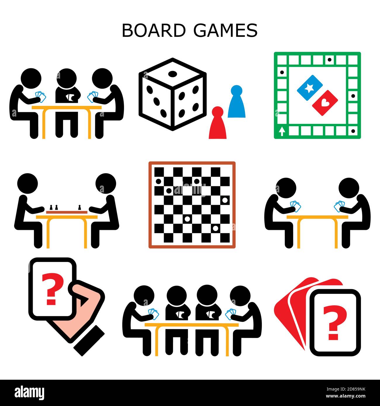 Brettspiele, Menschen spielen Karten und Schach oder Entwürfe am Tisch Vektor Farbe Icons gesetzt, Spaß Aktivität während zu Hause mit Freunden und Familie zu bleiben Stock Vektor