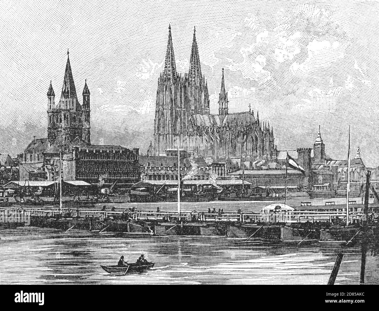 Eine Ansicht des Kölner Doms aus dem späten 19. Jahrhundert, auch bekannt als die St. Peter-Dom-Kirche, befindet sich in Köln, Nordrhein-Westfalen, Deutschland. Der Bau der katholischen Kathedrale begann im Jahr 1248, wurde aber in den Jahren um 1560 unvollendet gestoppt. Die Arbeiten wurden in den 1840er Jahren wieder aufgenommen, und das Gebäude wurde 1880 nach seinem ursprünglichen mittelalterlichen Plan fertiggestellt. Teilweise vom Staat finanziert, galt es als ein Projekt, um die deutsche Nationalschaft zu symbolisieren. Stockfoto
