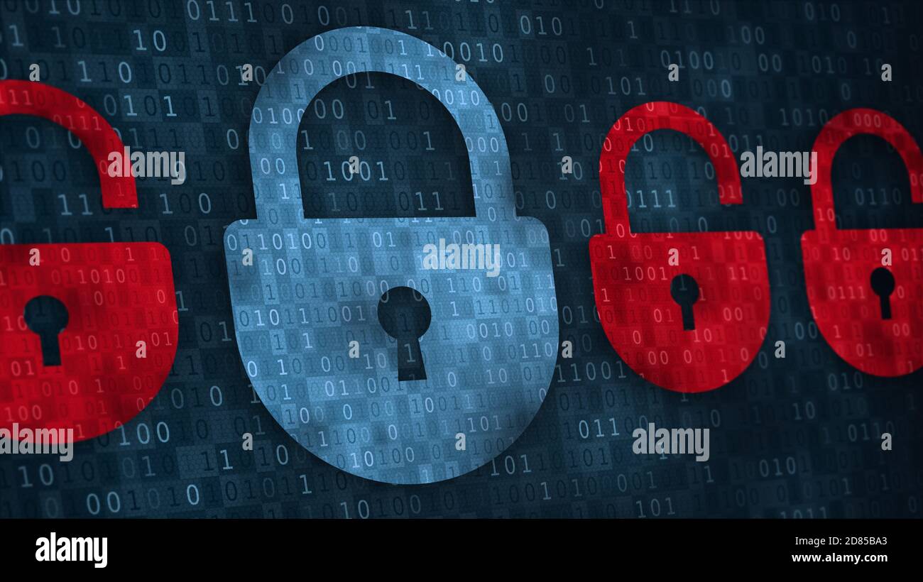 Abbildung von Vorhängeschlössern mit Schlüssellochsymbol und Binärcode Stockfoto