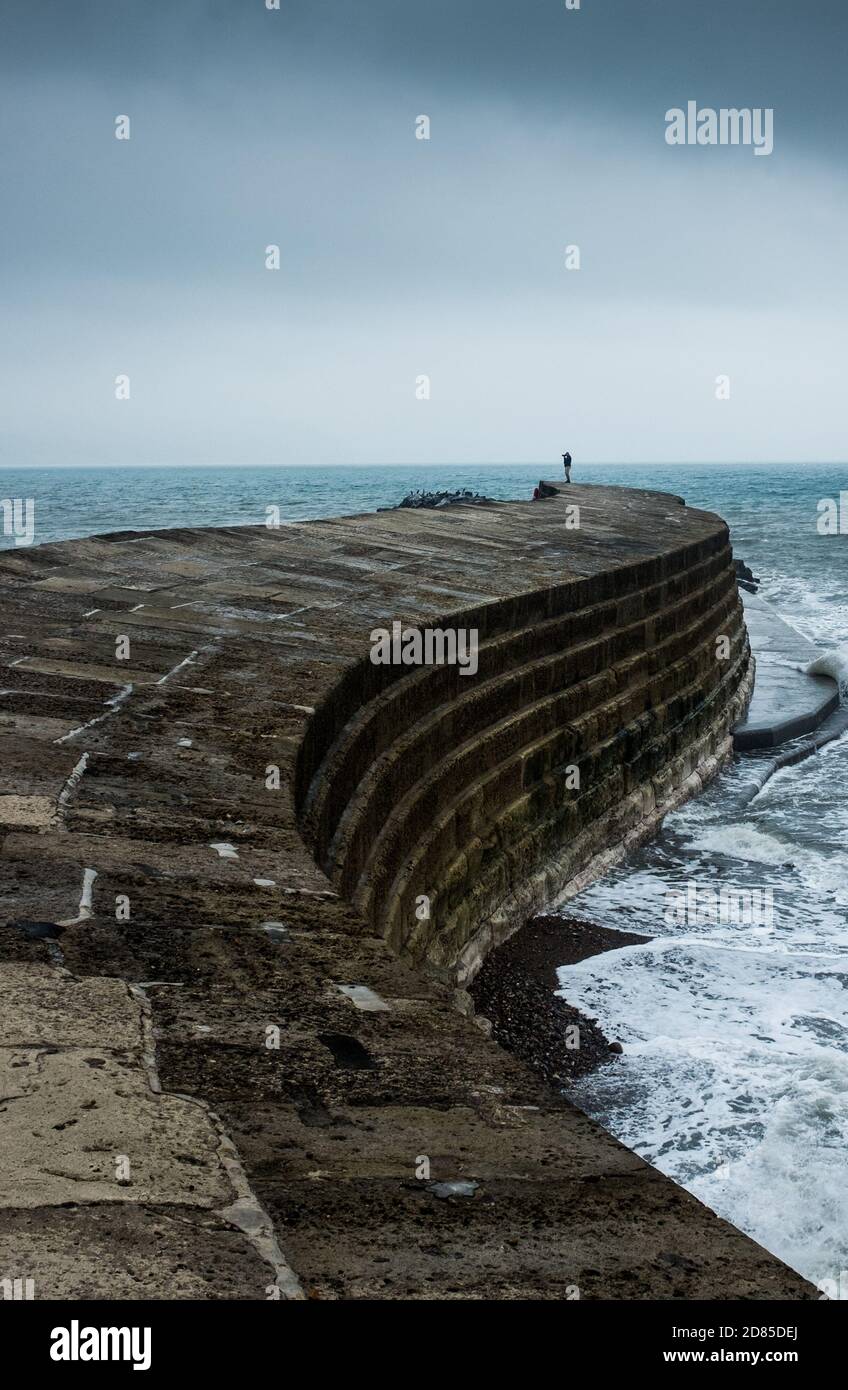 Fotograf am Ende der Cobb Hafenmauer Verteidigung in Lyme Regis Bay während eines stürmischen Wintertages, Wellen krachen. Jurassic Dorset, England, Großbritannien Stockfoto