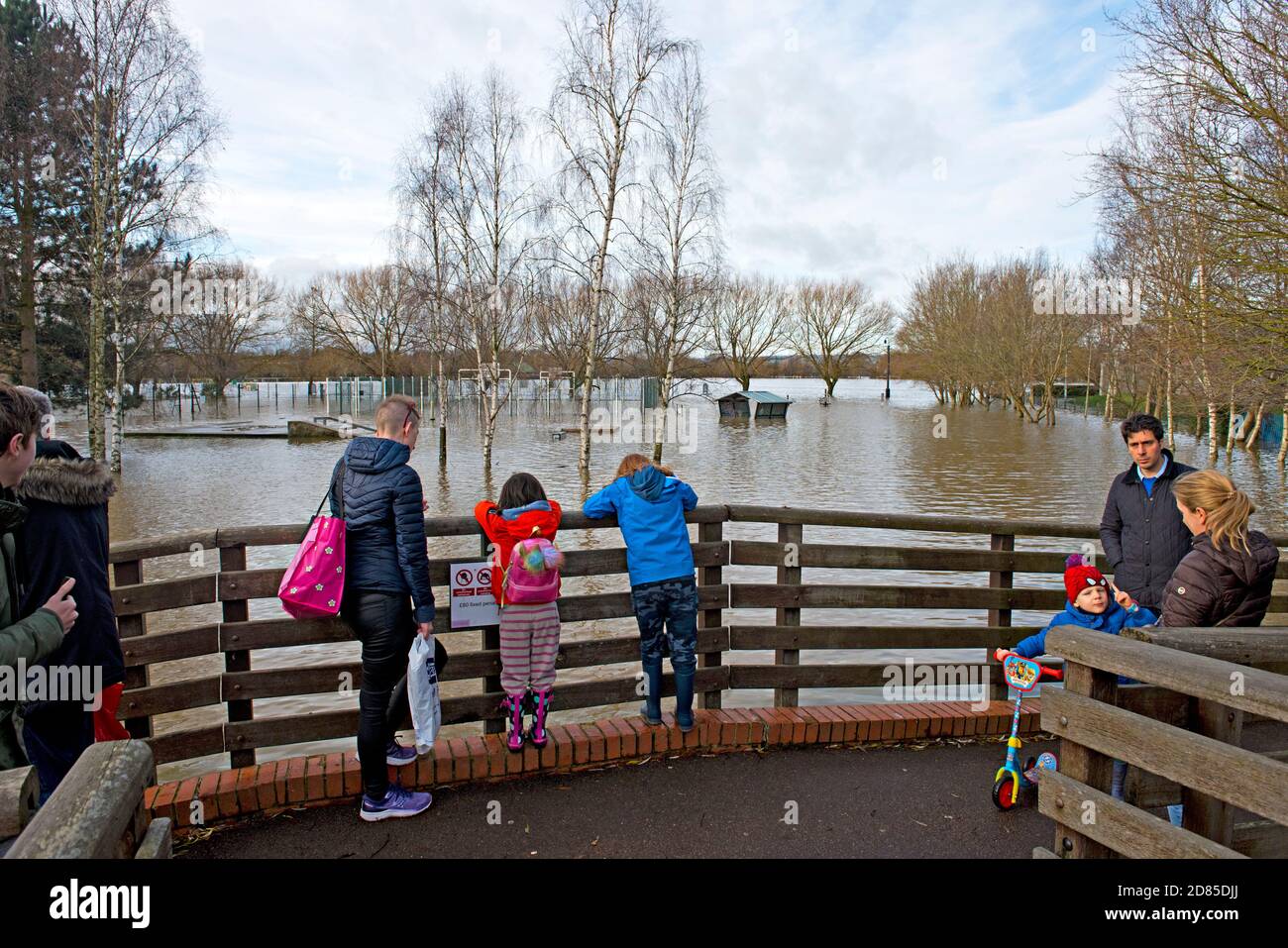 Kinder schauen sich den überfluteten Sportplatz in Tonbridge, Kent, Großbritannien, nach einer Überschwemmung durch den nahe gelegenen Fluss Medway an Stockfoto