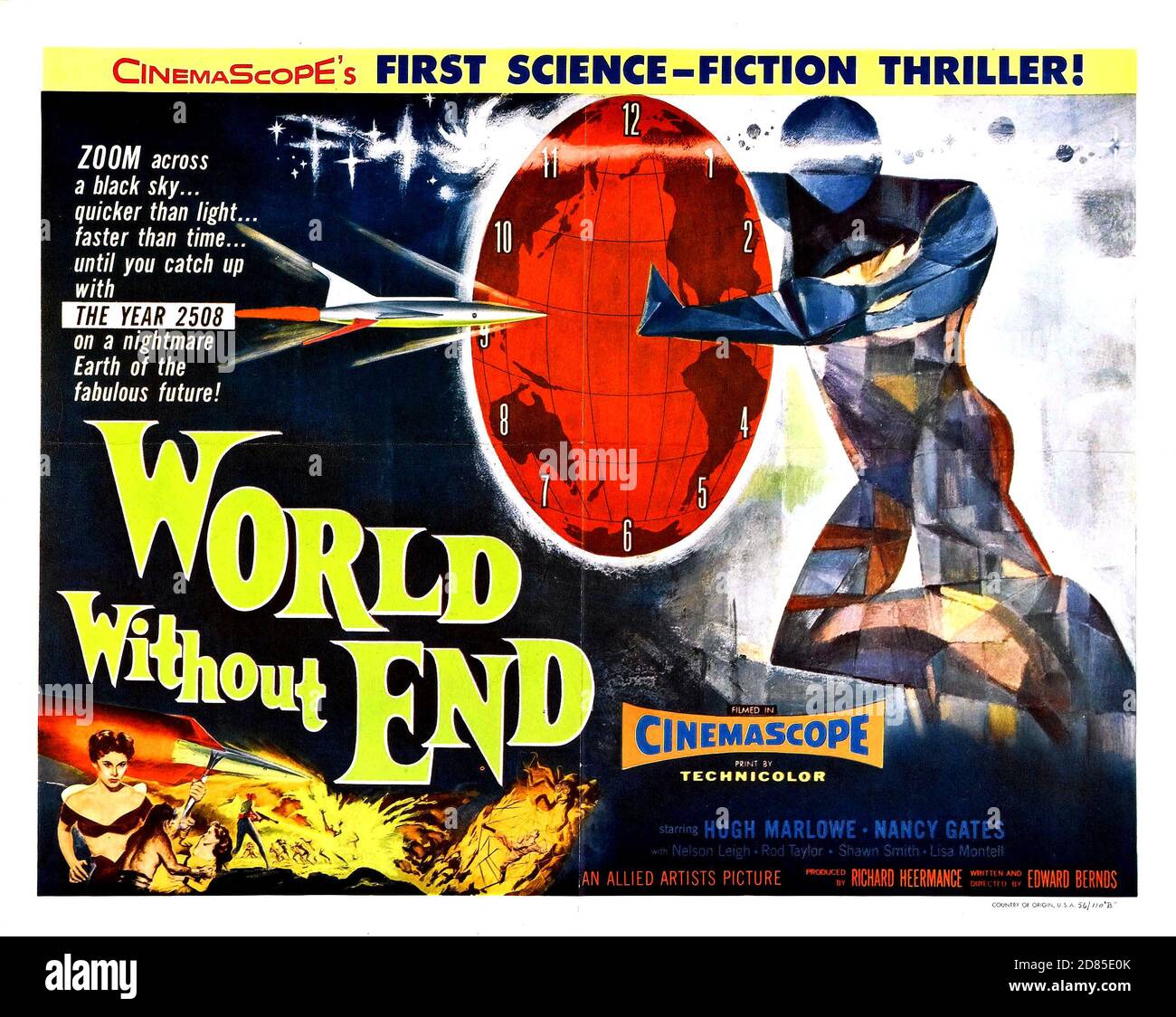 Filmposter World Without End 1956, Sci-fi, Cinemascope – Science Fiction Thriller feat Hugh Marlowe, Nancy Gates. "Das Jahr 2508". Stockfoto