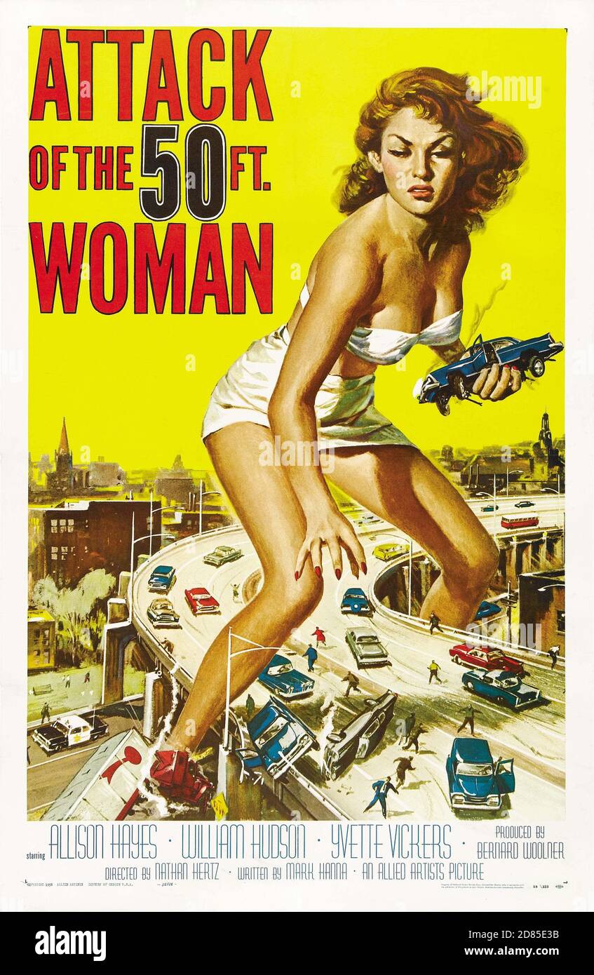 Vintage Filmplakat: Attack of the 50 Foot Woman ist ein US-amerikanischer Science-Fiction-Horrorfilm aus dem Jahr 1958. Feat. Allison Hayes. Stockfoto