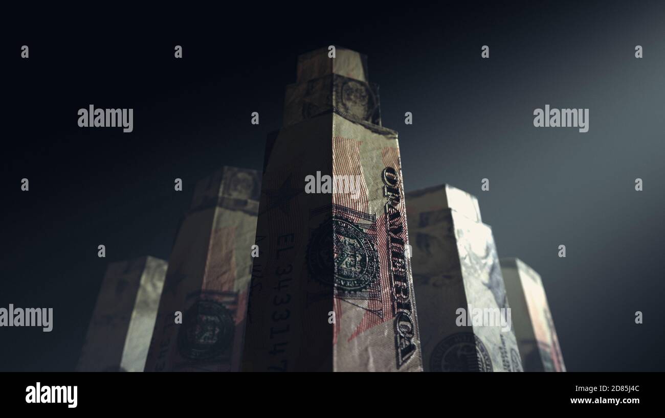 Ein Konzept, das Origami-Wolkenkratzer aus gefalteten US-Dollar gebildet Banknoten auf einem dunklen launischen Hintergrund - 3D-Rendering Stockfoto