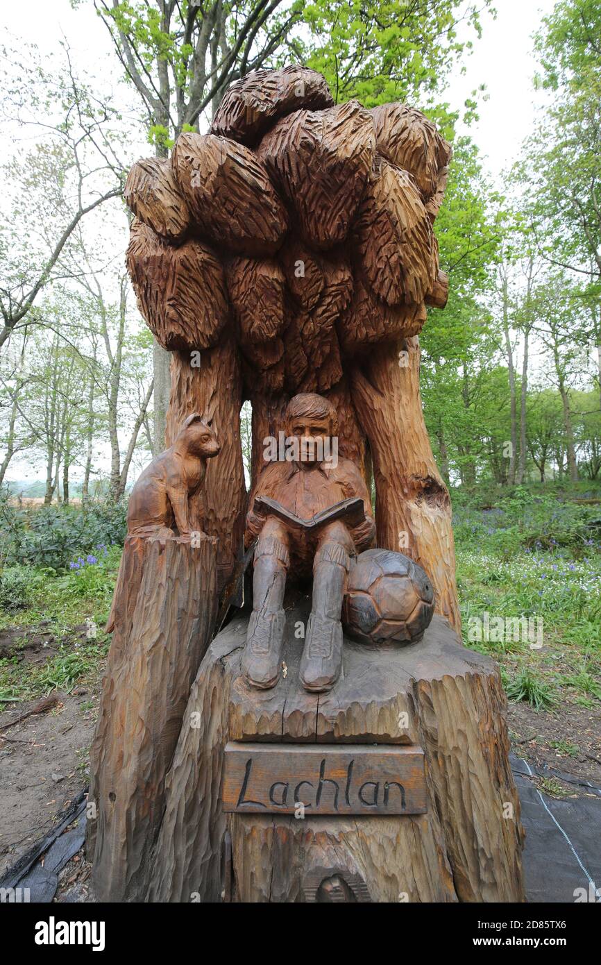 Fullerton Woods, Troon , Ayrshire, Schottland 24 April 2019 Ein magischer Fairy Trail, der von Anwohnern im lokalen Wald erstellt wurde. Der Weg ist ein Rundkurs um Fullerton Wälder und hat mehrere Feenhäuser und Baum mit allen Sorta von Feen gesammelt Waren Stockfoto