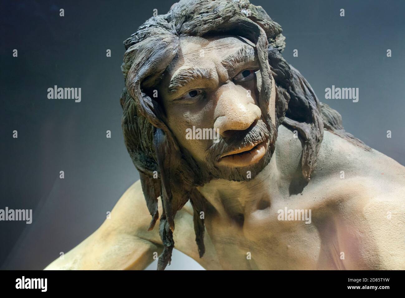 Lebensgroße Skulptur des Homo heidelbergensis. Regionales Archäologisches Museum von Madrid. Nahaufnahme des Gesichts. Alcala de Henares, Spanien Stockfoto