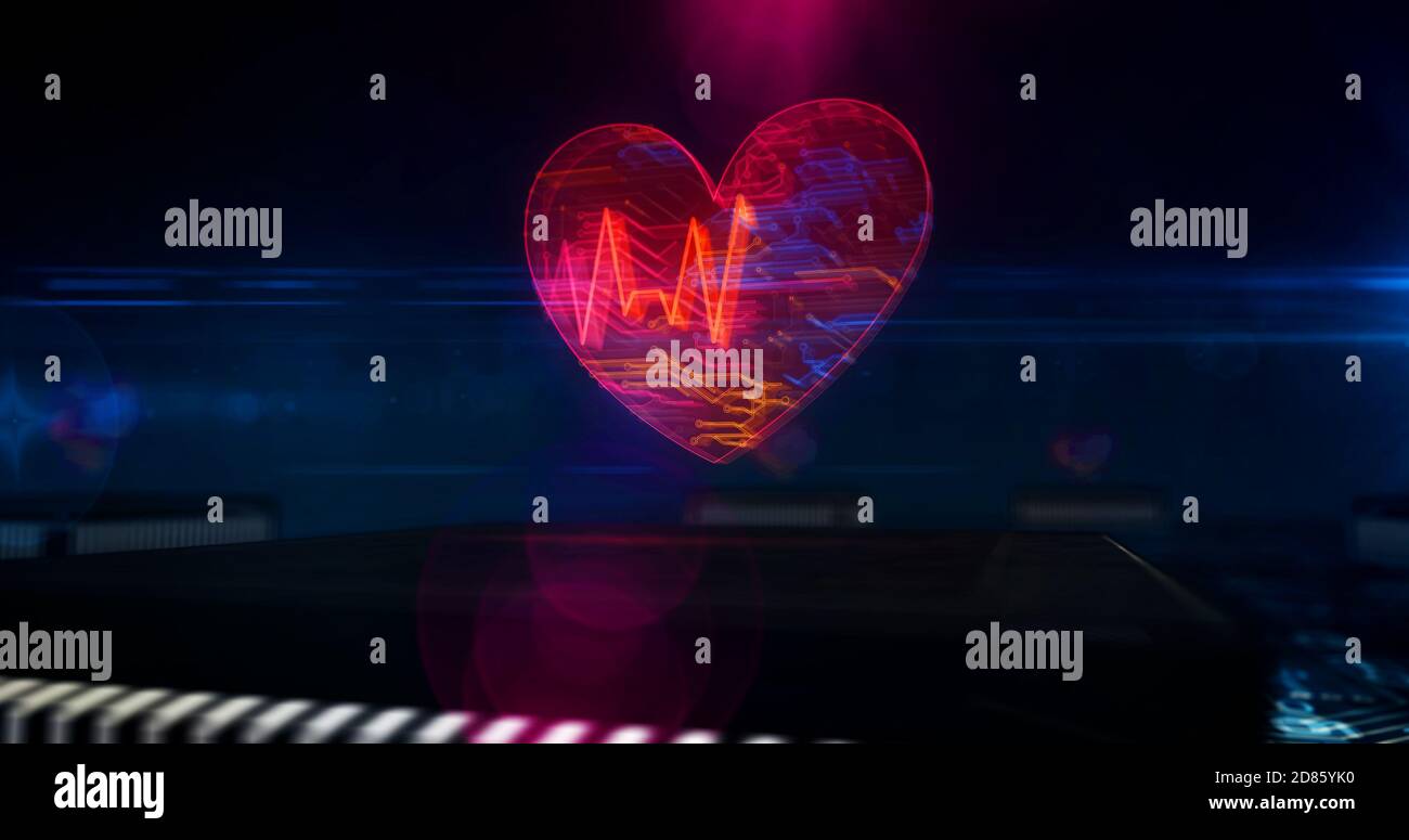 Cyber-Leben und schlagen Herz. Liebe, digitale Dating, Robotik, Gesundheitstechnologie Konzept Produktionslinie abstrakt 3d-Rendering Illustration. Prozessor Stockfoto