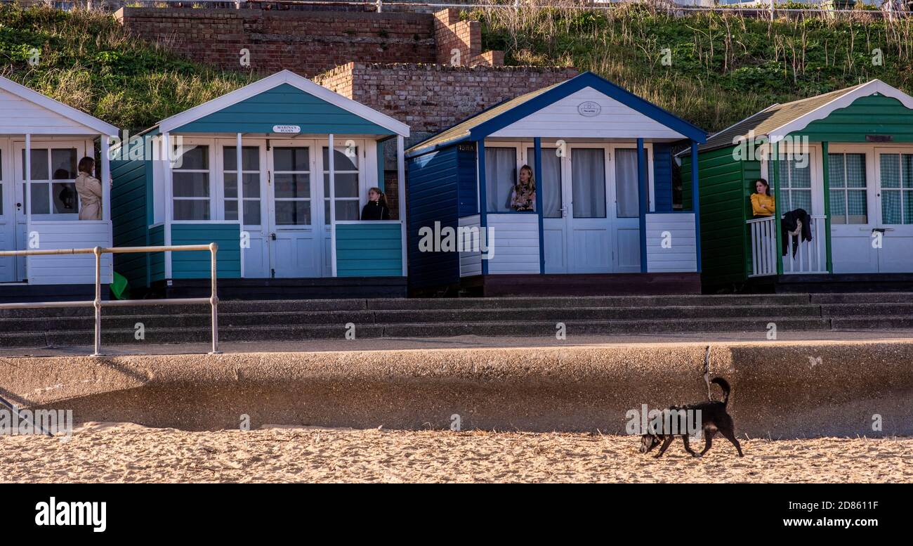 Menschen in Strandhütten am Strand, Southwold, Suffolk, Großbritannien Stockfoto