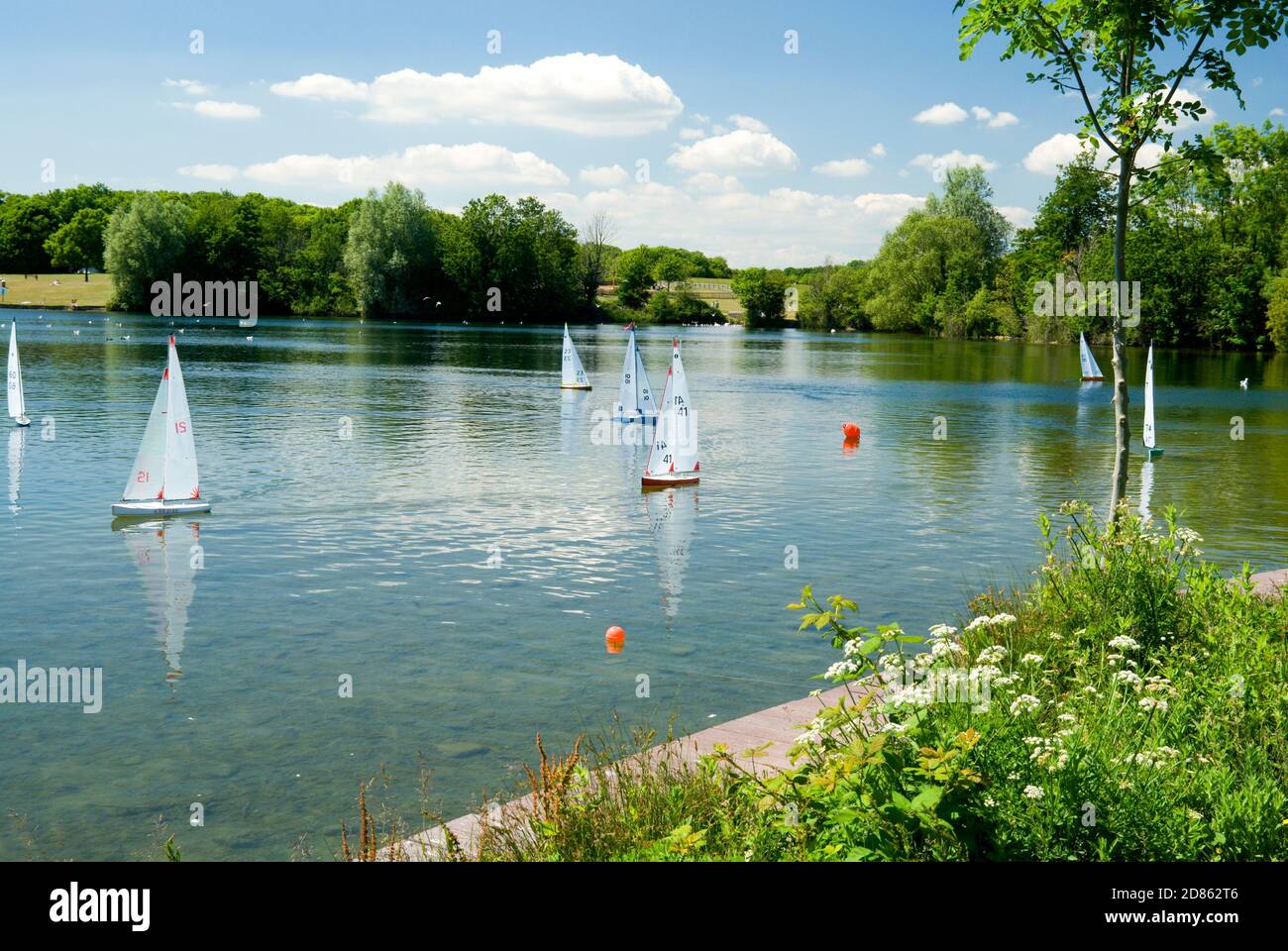 Modellboote auf See, Cosmeston Lakes Country Park, Penarth, Tal von Glamorgan, South Wales. Stockfoto