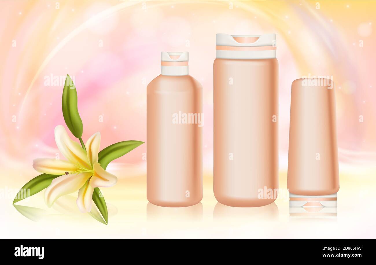 Körperpflege Kosmetik-Serie mit Lilie-Inhaltsstoff-Vektor-Illustration. Realistische 3d Kosmetikflaschen für Creme, Lotion, Duschgel oder Shampoo-Pflegemittel und Lilienblume auf weichem rosa Hintergrund Stock Vektor