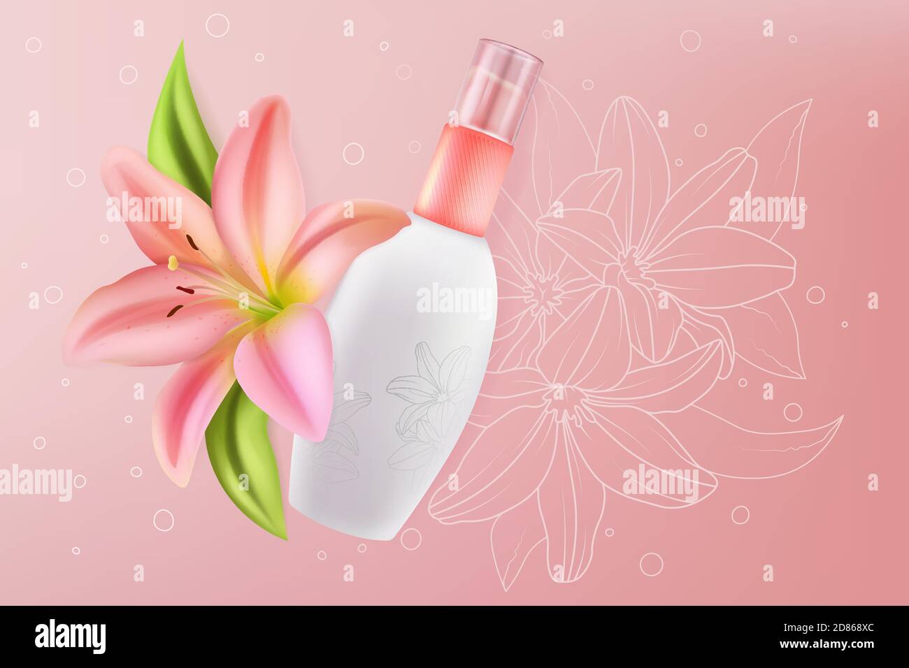 Lily Kosmetik für Gesicht empfindliche Haut Schönheit Vektor Illustration. Gesichtspflege Creme mit schönen rosa Lilie Blumen Zutat in realistische Verpackung Flasche, Gesundheitswesen Kosmetik Hintergrund Stock Vektor
