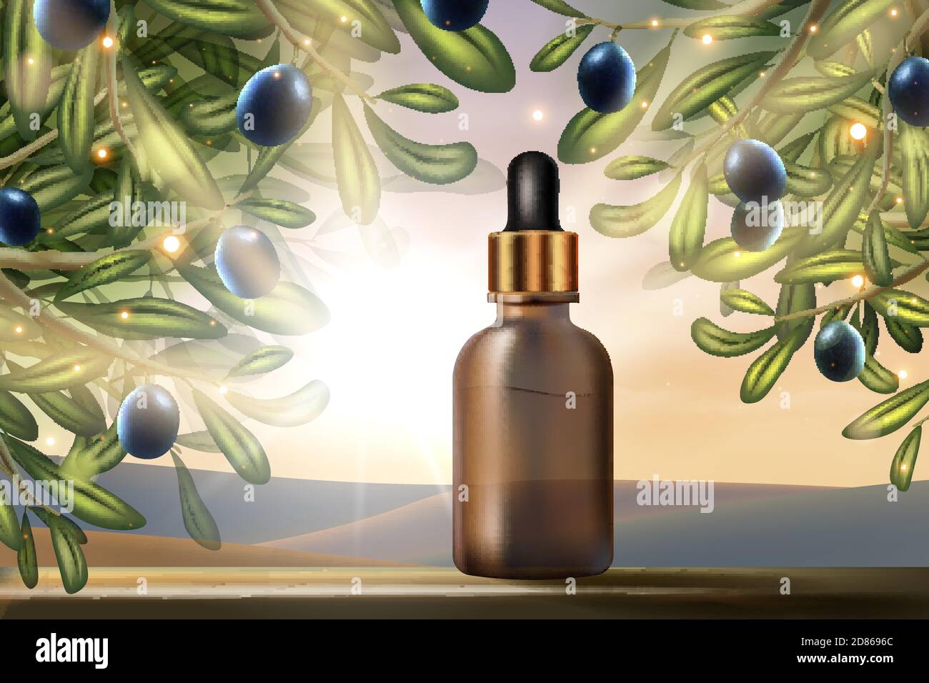 Olivenöl Schönheit Produkt, kosmetische Packung Vektor Illustration. Realistisches 3d Promo-Design mit Glas-Verpackung Flasche für Serum Gesicht Hautpflege Behandlung und grün sonnige Natur Kosmetologie Poster Hintergrund Stock Vektor