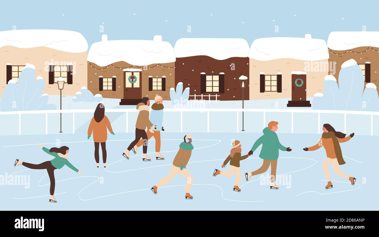 Glückliche Menschen Schlittschuhlaufen auf Eisbahn Vektor-Illustration. Cartoon Skater Figuren tragen Schlittschuhe, genießen Weihnachten und Neujahr Urlaubsaktivitäten und Outdoor-Familie Winter Weihnachten Event-Konzept Hintergrund Stock Vektor