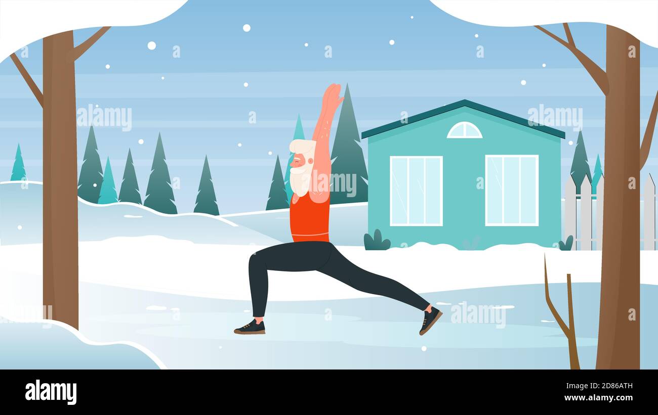 Weihnachten Sport Outdoor Aktivität Vektor Illustration. Cartoon Santa Claus Charakter trägt Sportbekleidung, Meditation in Krieger Yoga Pose in Schneelandschaft, Winterurlaub Yoga Workout Hintergrund Stock Vektor