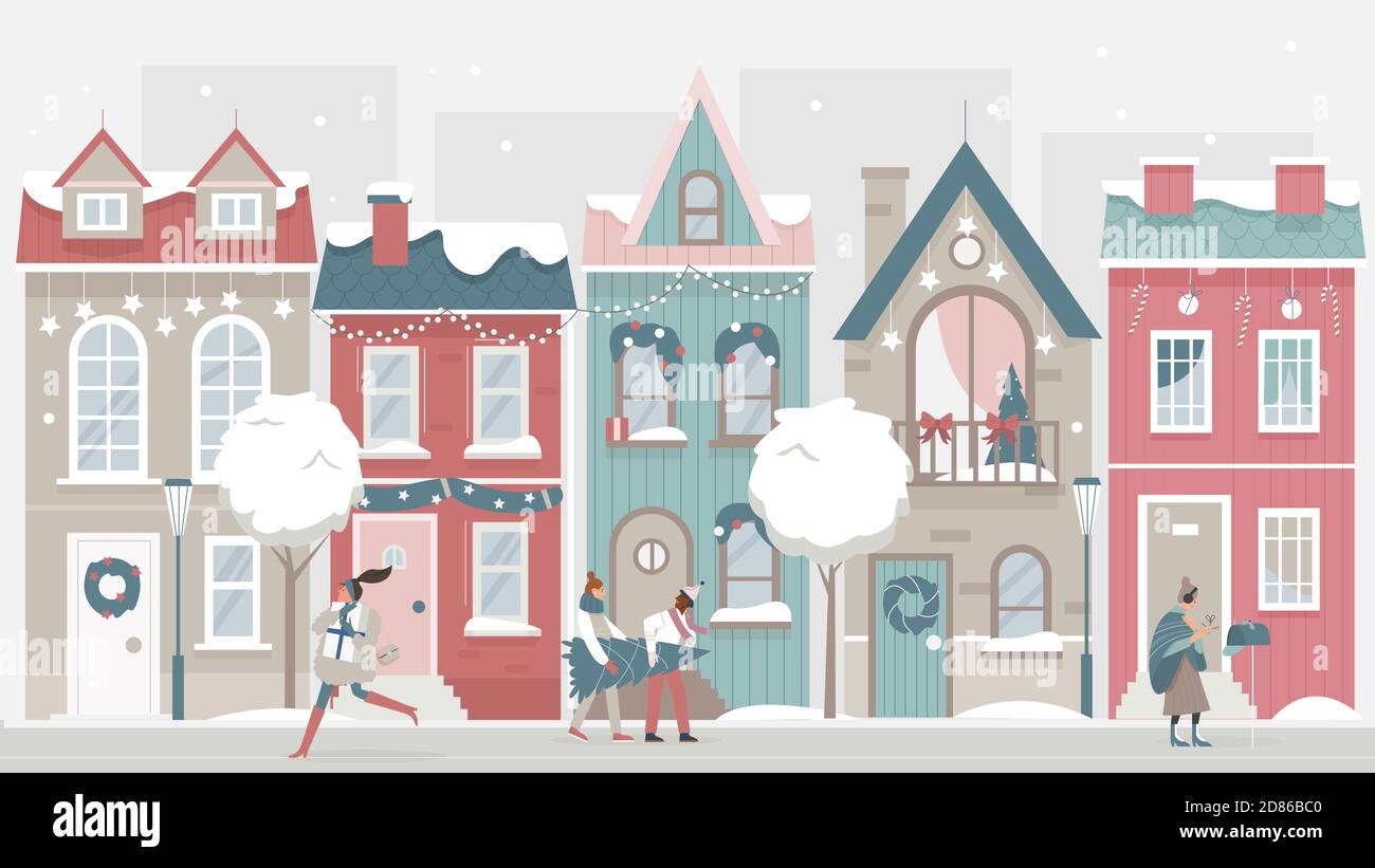 Menschen gehen auf festliche Weihnachten Stadt Straße Vektor Illustration. Cartoon Stadtbild mit dekorierten Häusern, Walking Mann Frau Charaktere, halten Weihnachtsbaum, Geschenke und Weihnachten Dekor Hintergrund Stock Vektor