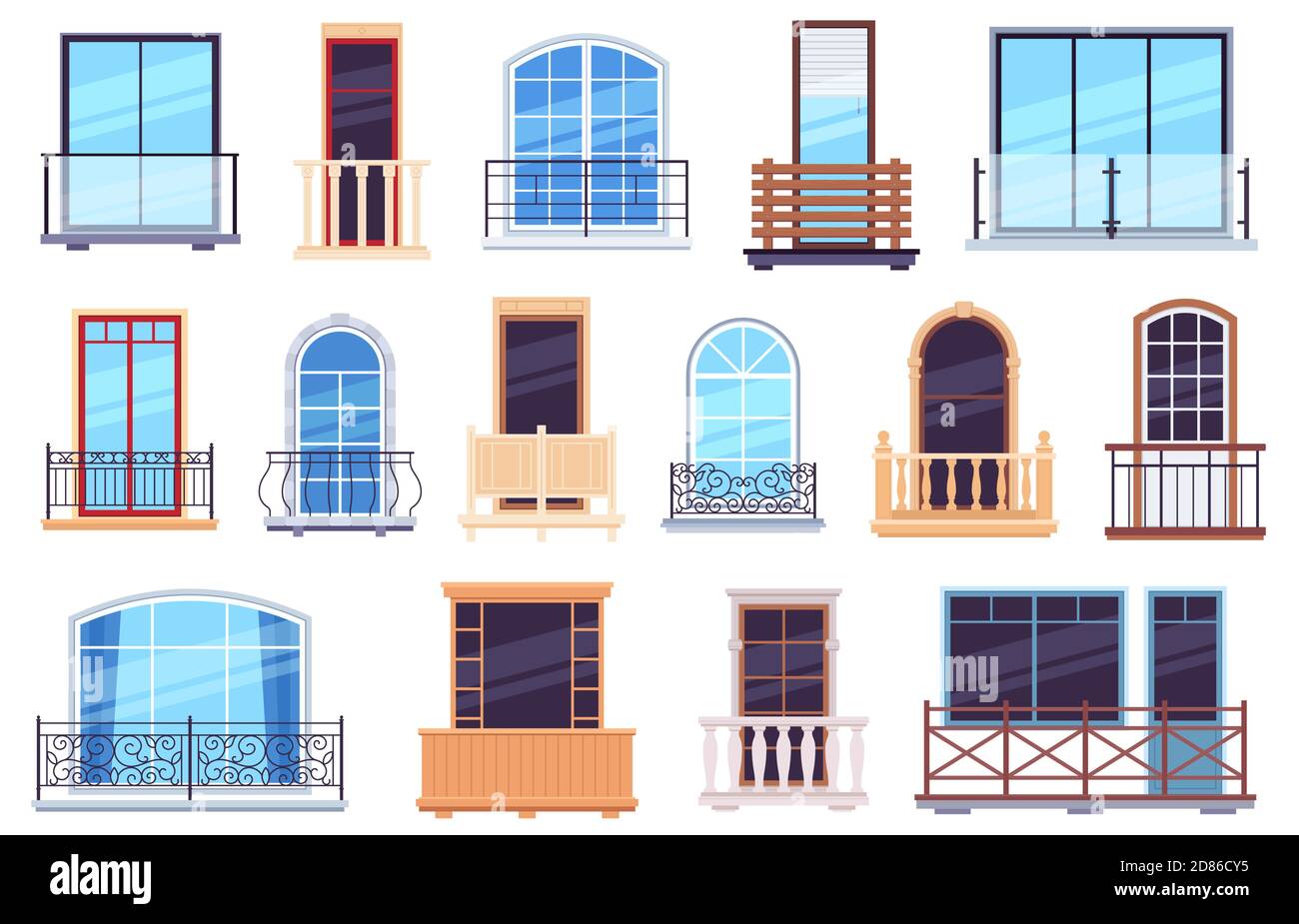 Fenster und Balkone. Architektur Haus Fassadenelemente mit modernen und klassischen Balkontüren, Zargen und Geländer Vektor-Set Stock Vektor
