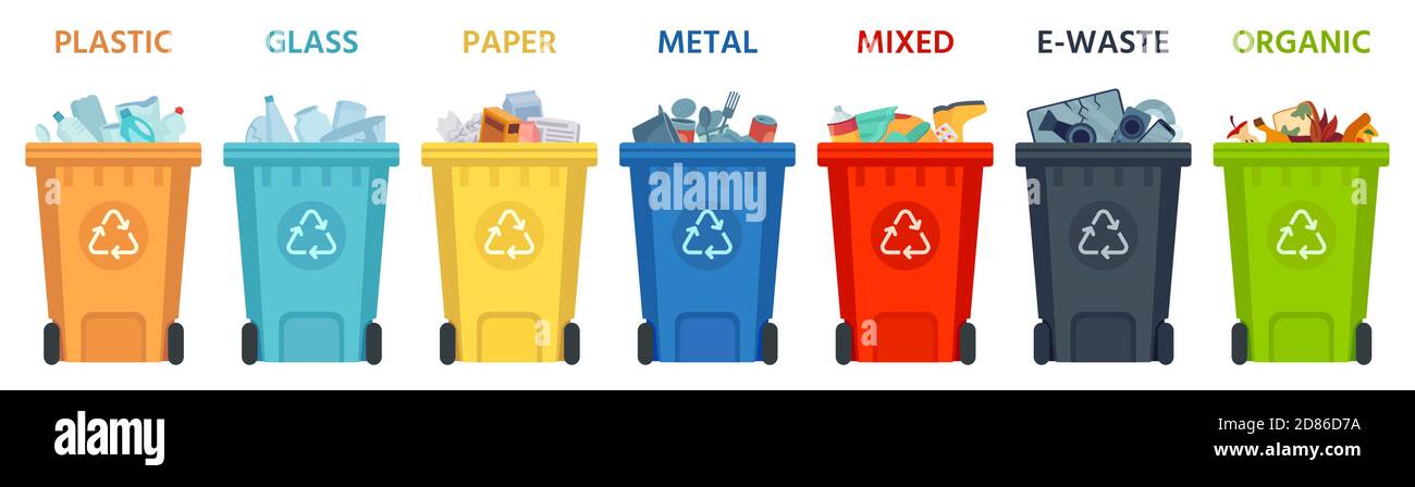Recycling-Behälter. Behälter mit abgetrenntem Müll. Mülltonnen für Kunststoff, Glas, Papier und Bio. Vektordarstellung „Abfall trennen“ Stock Vektor
