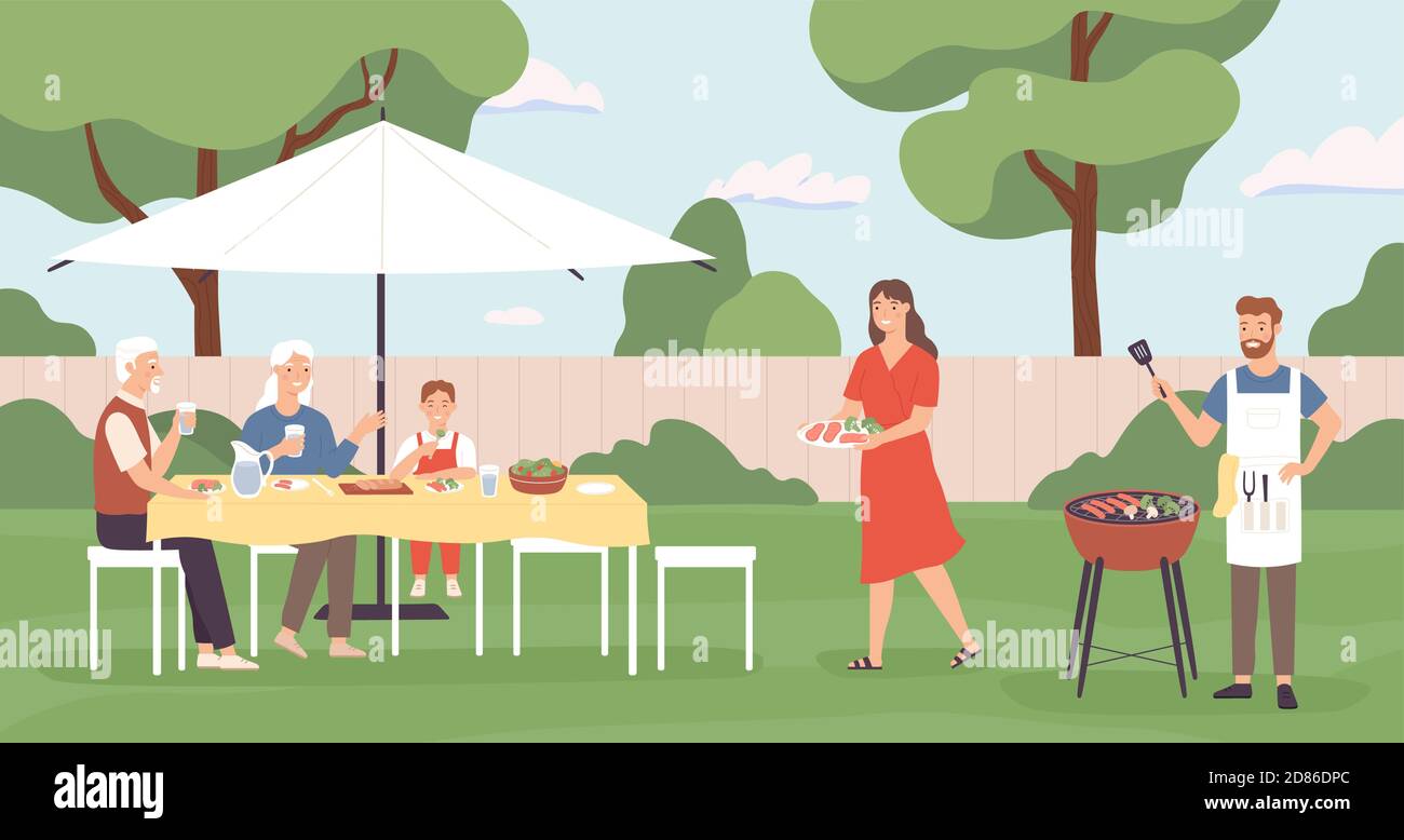 Menschen am Grill. Glückliche Familie, Freunde verbringen Zeit im Hinterhof Haus Picknick, Kochen Grill und reden, Freizeit im Freien Vektor-Konzept Stock Vektor