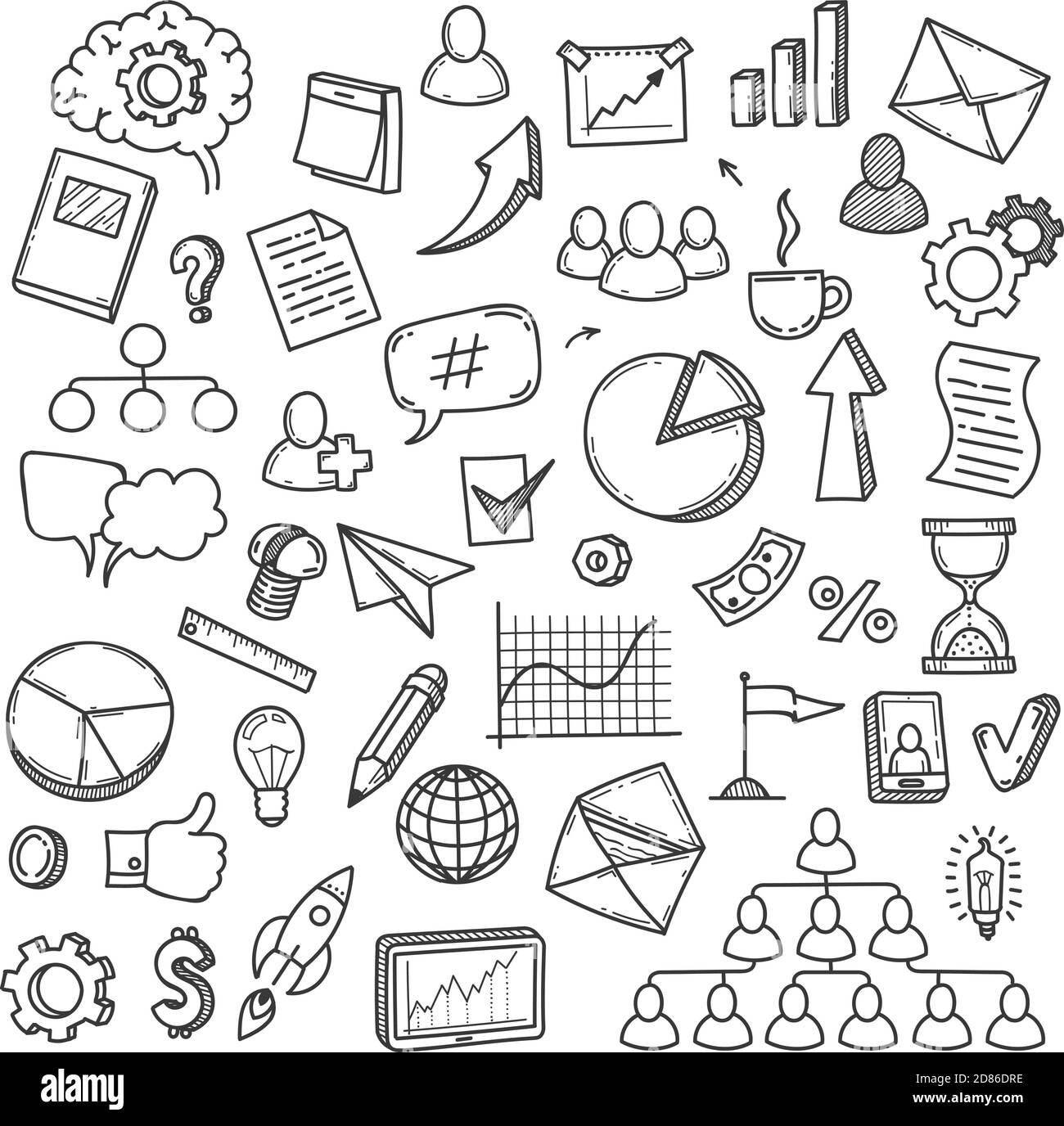 Doodle-Start. Skizze Smart Idee Konzept mit Glühbirne, digitale Innovation Unternehmen und Icons, Lehre Business-Marketing, Vektor-Set Stock Vektor