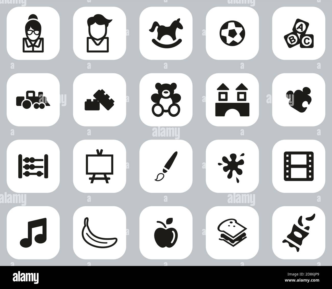 Kindergarten Oder Tagespflege Icons Schwarz & Weiß Flat Design Groß Einstellen Stock Vektor