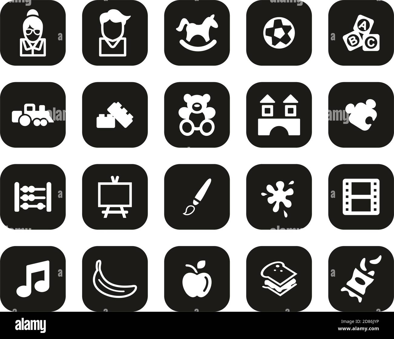 Kindergarten Oder Tagespflege Icons Weiß Auf Schwarz Flat Design Groß Einstellen Stock Vektor