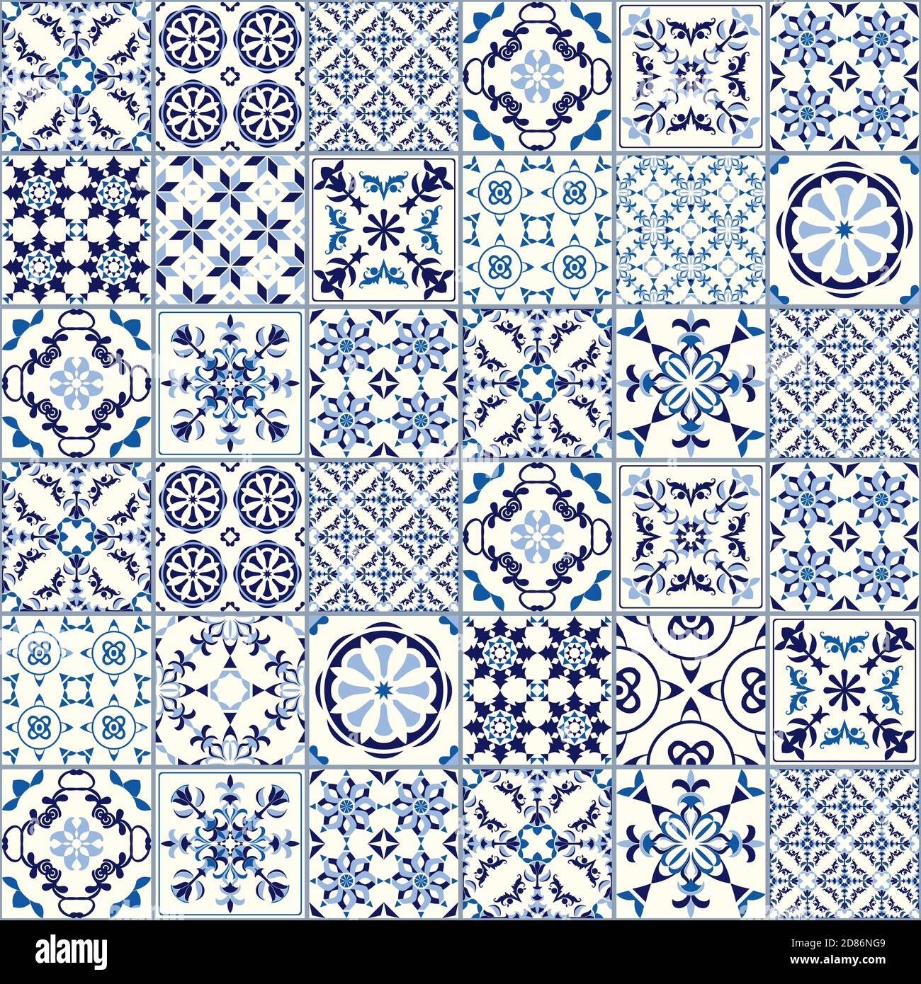Vektor nahtlose Fliesenmuster. Abstrakter Hintergrund. Keramikfliesen. Indigo blaue Blume Azulejos Dekoration Stock Vektor