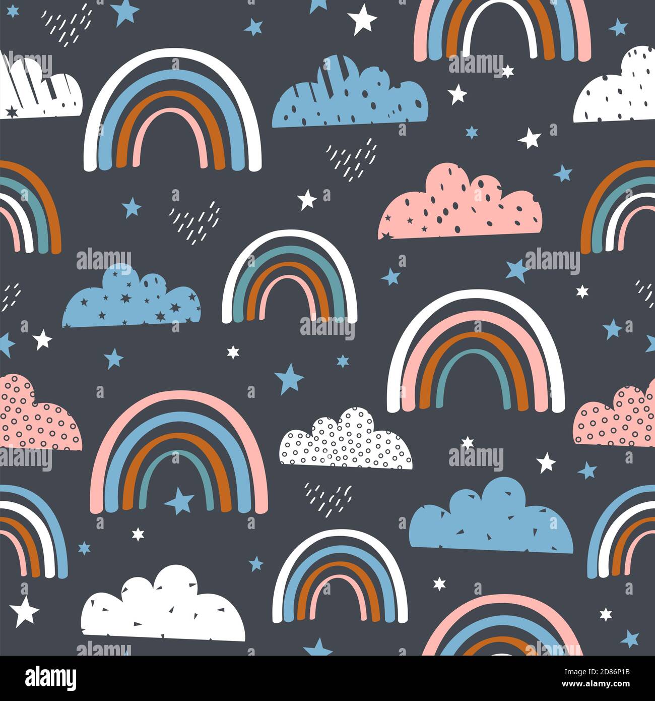 Nahtloses Muster mit handgezeichneten Regenbogen und Wolken. Kreative Textur für Stoff, Verpackung, Textil, Tapete, Bekleidung. Vektorgrafik Stock Vektor