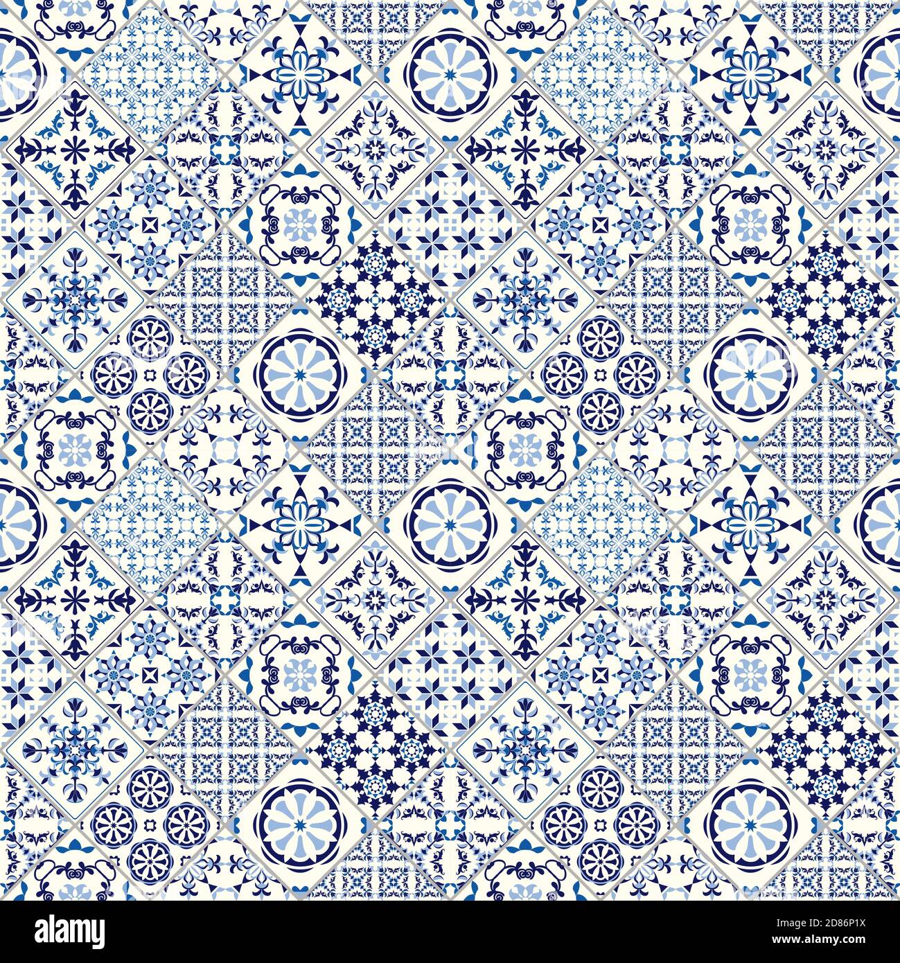 Vektor nahtlose Fliesenmuster. Abstrakter Hintergrund. Keramikfliesen. Indigo blaue Blume Azulejos Dekoration Stock Vektor