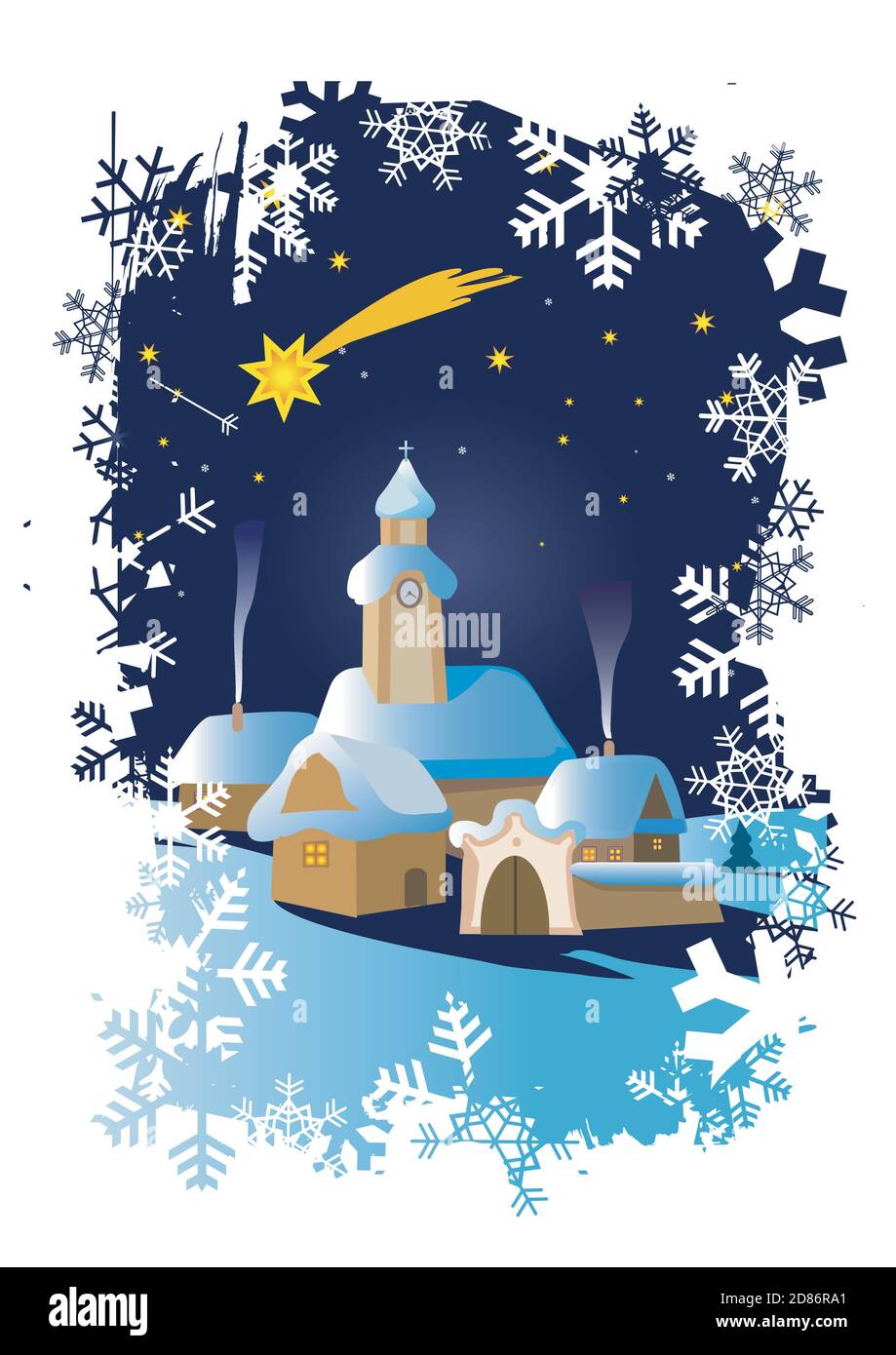 Weihnachten Winterlandschaft auf grunge Schneeflocken Hintergrund. Illustration einer Nachtlandschaft mit einer Kirche und dem Stern von Bethlehem. Stock Vektor