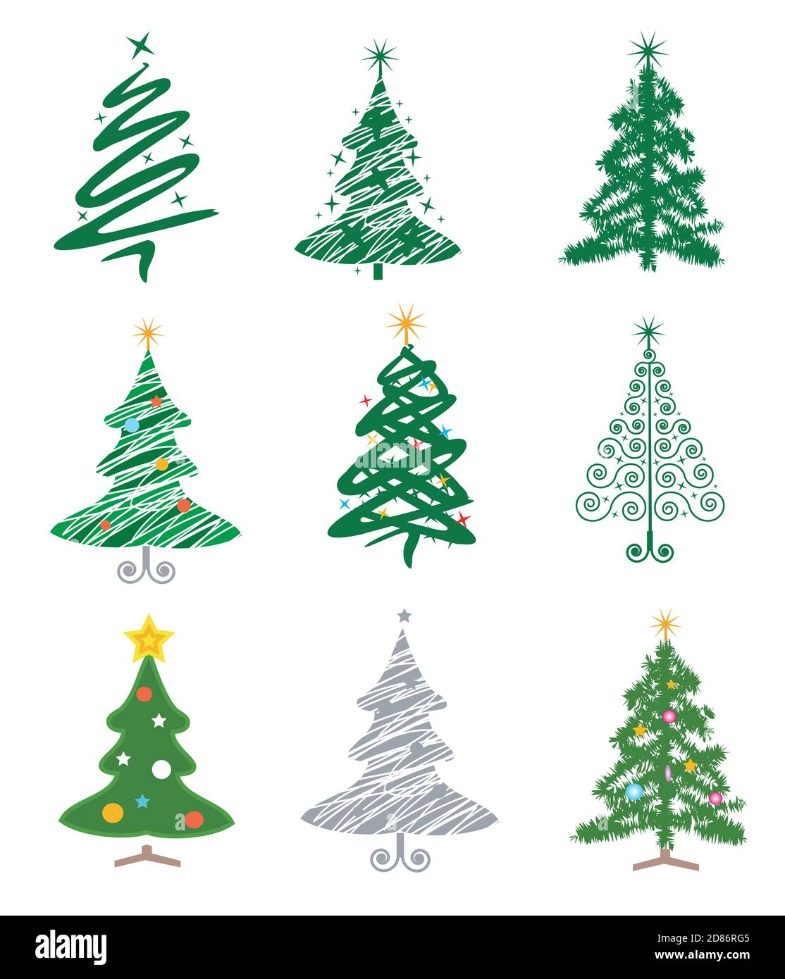 Weihnachtsbäume. Set von neun stilisierten weihnachtsbäumen.Vektor verfügbar. Stock Vektor