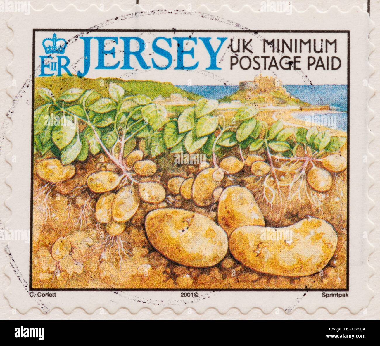 Jersey Royal Kartoffelkartoffeln auf Jersey Briefmarke - 2001 Stockfoto