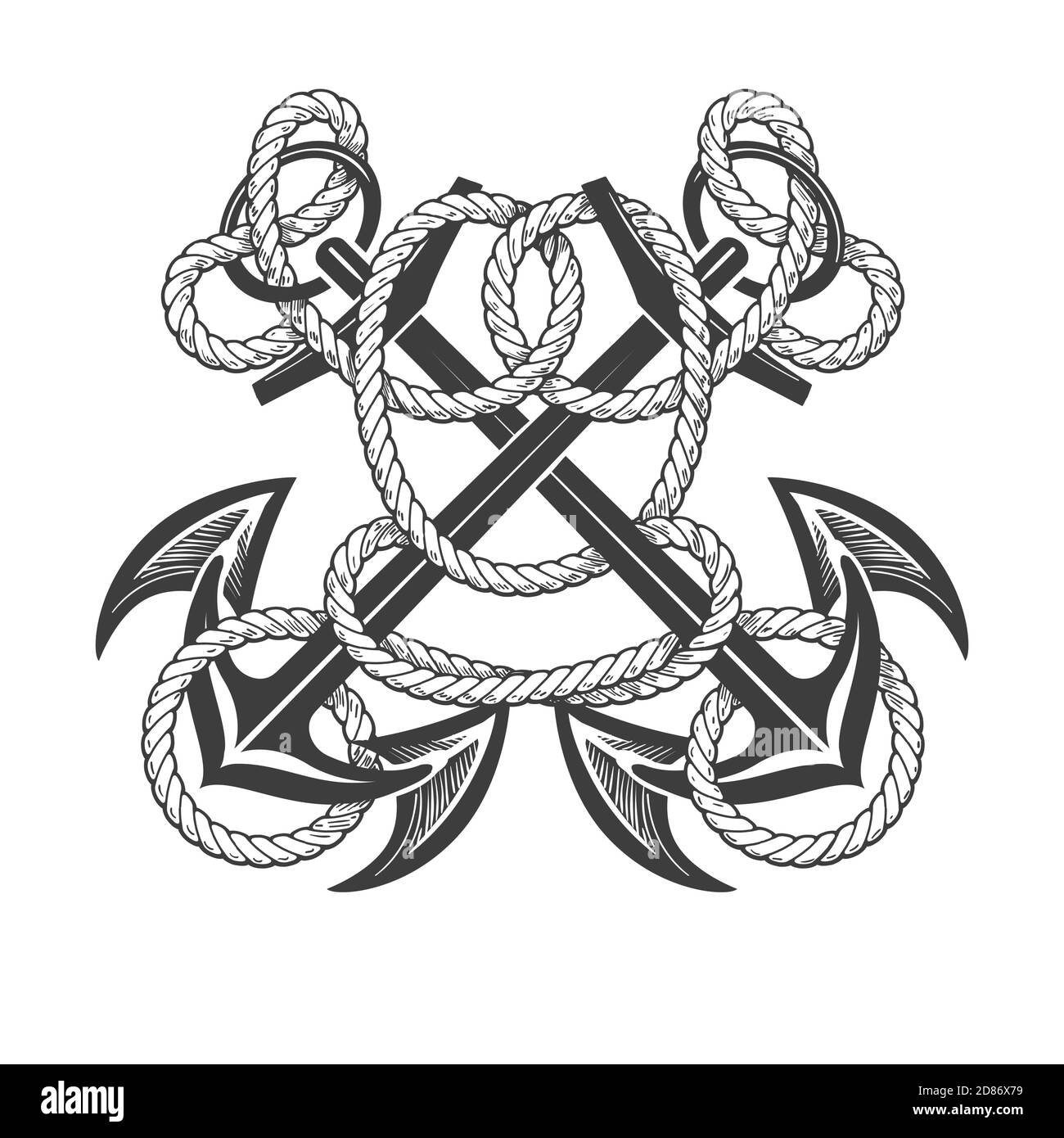 Zwei Anker Kreuz Mit Seil. Vintage Tattoo Isoliert Auf Weiß. Vektorgrafik. Stock Vektor