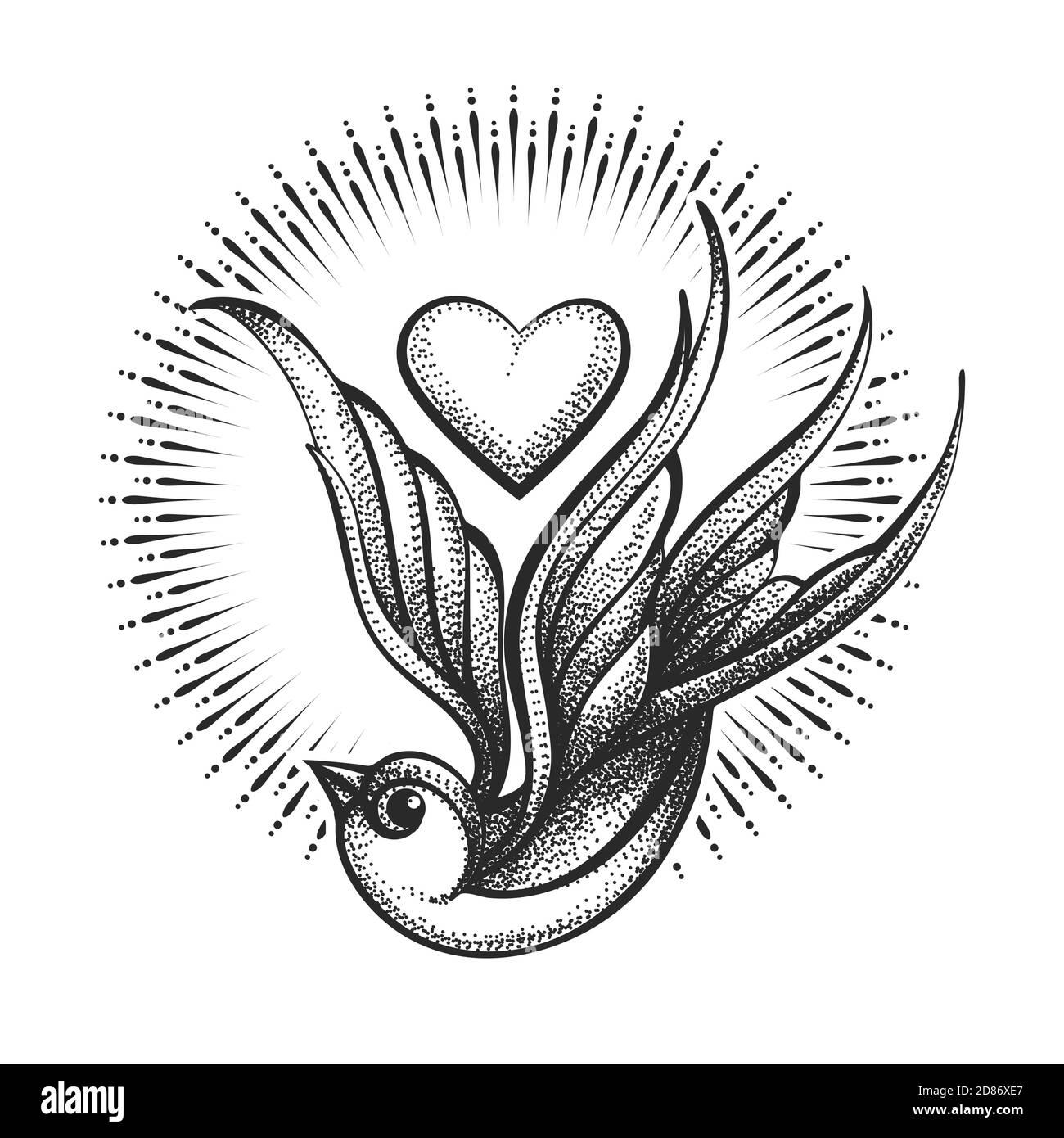 Love Theme Tattoo von Schwalbe und Herz isoliert auf weißem Hintergrund. Vektorgrafik. Stock Vektor