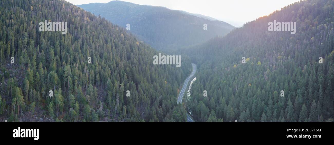 Panorama des Waldes und der Straßen, die zum Berg führen Hoverla in den ukrainischen Karpaten Stockfoto