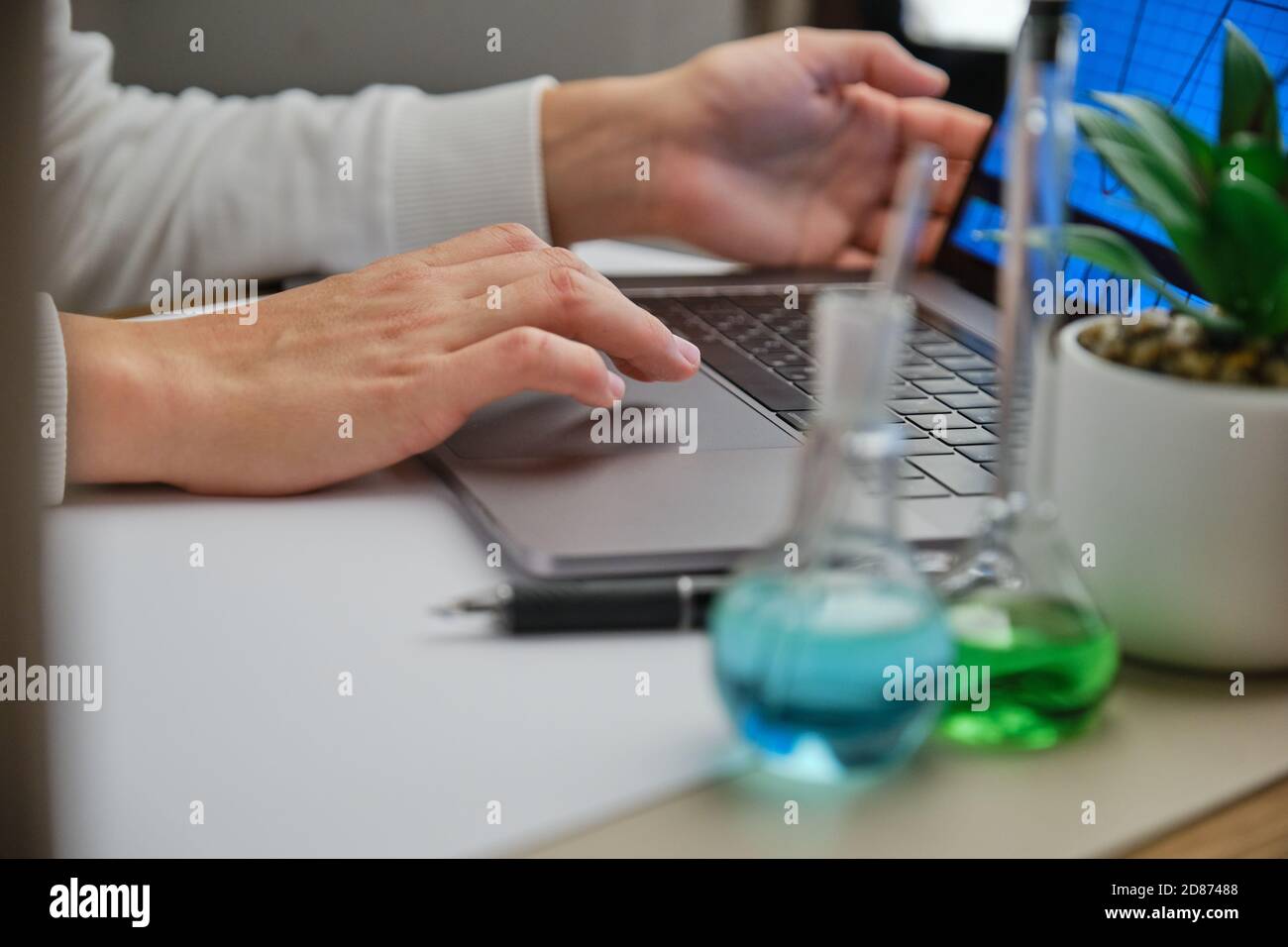 Weibliche Hände auf Laptop. Kolben mit grüner und blauer Flüssigkeit in der Nähe der Pflanze. Forschung Virus Heilung Stockfoto