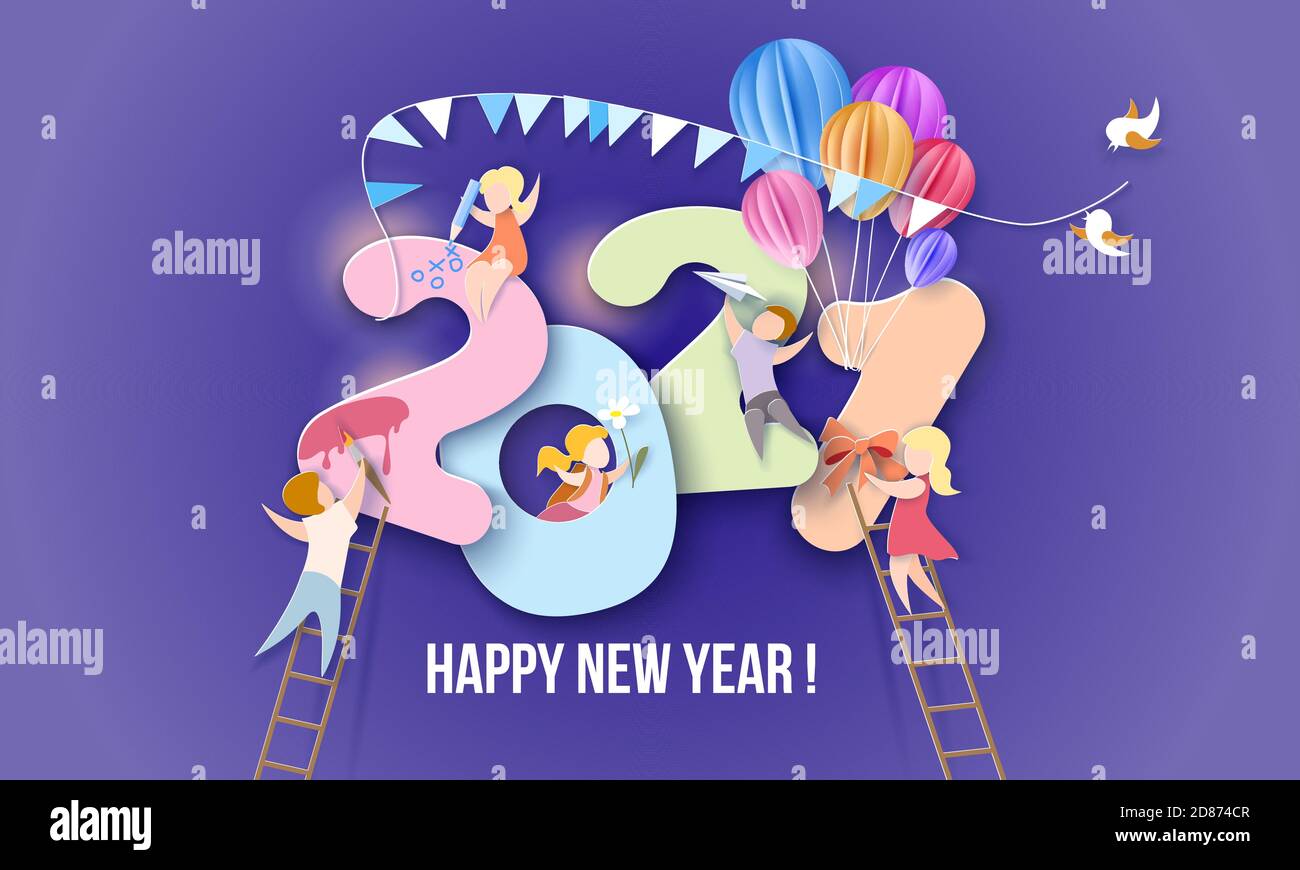 2021 Neujahrskarte mit Kindern auf violettem Hintergrund. Vektorgrafik. Papier geschnitten und Handwerk Stil. Stock Vektor