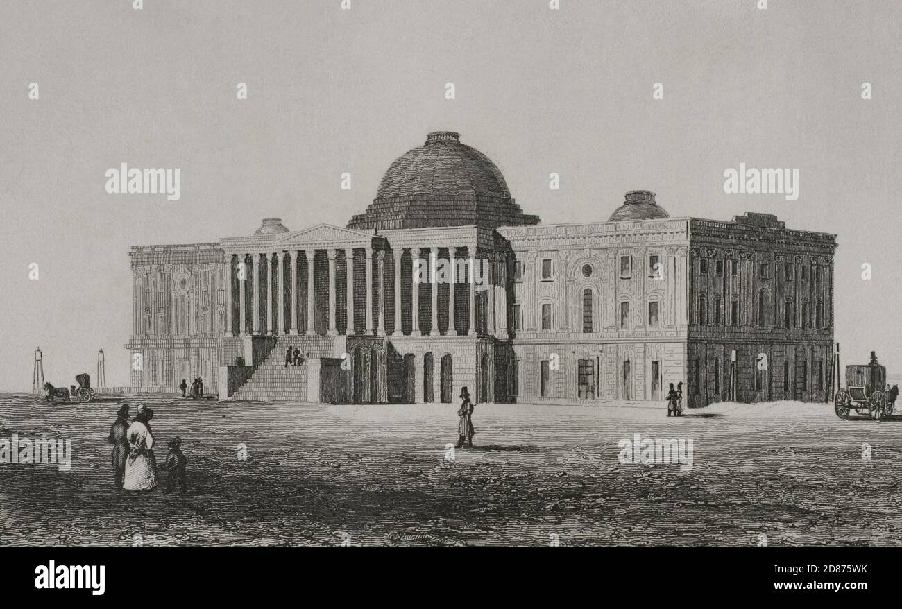 United States Capitol, Washington D.C. der erste Grundstein wurde am 18. September 1793 gelegt, während der ersten großen öffentlichen Veranstaltung in der Bundesstadt. Das ursprüngliche Gebäude wurde 1800 fertiggestellt. Aufgrund der Verbrennung Washingtons im Jahr 1814 wurde das Gebäude innerhalb von fünf Jahren vollständig restauriert. Das Gebäude des Kapitols der Vereinigten Staaten, mit dem Aussehen seiner ersten Bauphase. Gravur von Arnout. Panorama Universal. Geschichte der Vereinigten Staaten von Amerika, ab 1. Auflage von Jean B.G. Roux de Rochelle's Etats-Unis d'Amérique im Jahr 1837. Spanische Ausgabe, gedruckt in Barcelo Stockfoto