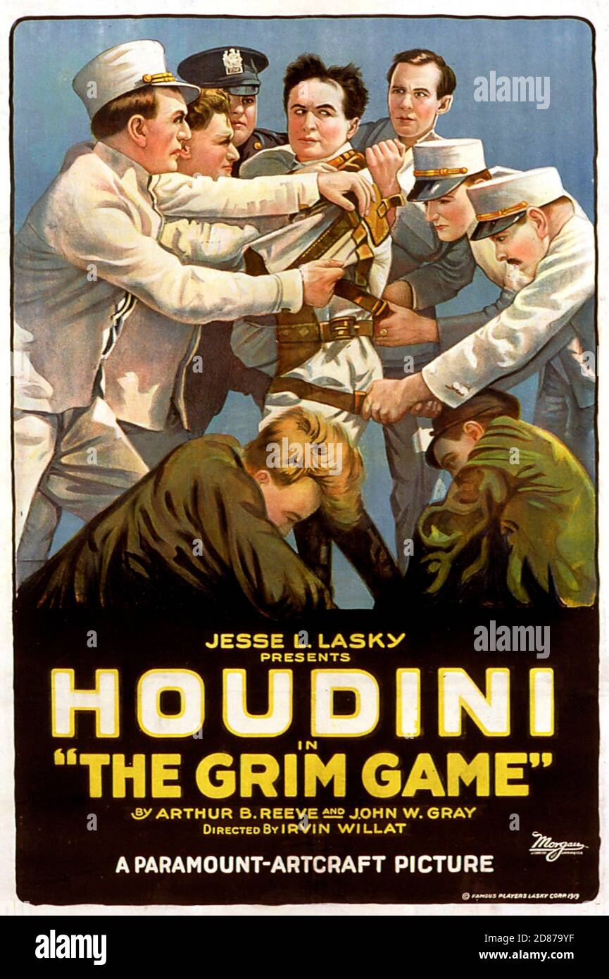 Vintage-Filmplakat „The Grim Game“ mit Harry Houdini. Ein amerikanischer Stummfilmfilm von 1919 unter der Regie von Irvin Wilrat. Stockfoto