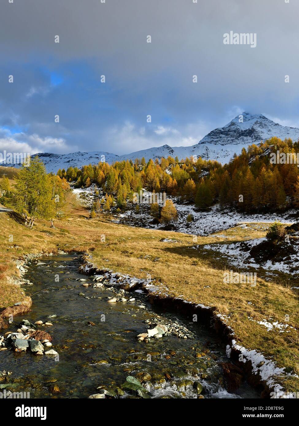 Der Fluss Campagneda führt den Betrachter zum Pizzo Scalino (3300 m). Stockfoto