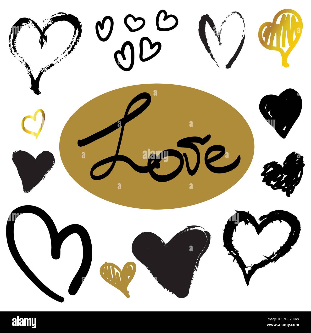 Handgezeichnete Herzen schwarz und Gold Schriftzug Wort Liebe Stock Vektor