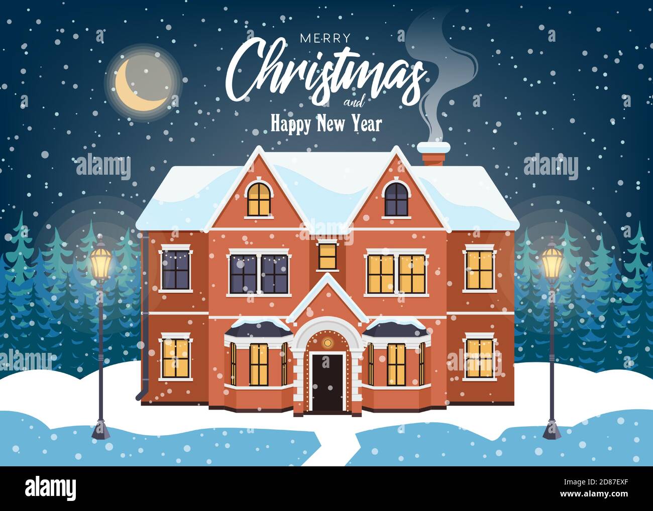 Haus im Schneefall. Weihnachten Grußkarte, Winter Hintergrund, Urlaub Poster, Vektor-Illustration. Stock Vektor